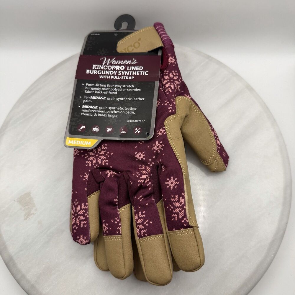 KincoPro Women's Winter Work Gloves Medium Burgundy Tan Lined 2002HKW-M